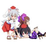  3girls animal_ears black_hair bow brown_eyes brown_hair cato_(monocatienus) cellphone child detached_sleeves geta hair_bow hat hat_ribbon himekaidou_hatate inubashiri_momiji long_sleeves lying multiple_girls on_side phone pink_eyes pom_pom_(clothes) puffy_short_sleeves puffy_sleeves red_eyes ribbon shameimaru_aya shirt short_hair short_sleeves silver_hair sitting skirt tail tokin_hat touhou twintails wide_sleeves wolf_ears wolf_tail younger 