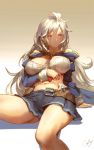  1girl ahoge arm_support bangs bare_shoulders belt black_skirt blue_jacket breasts breasts_apart brown_eyes buckle cancer_(zjcconan) frown gradient gradient_background granblue_fantasy hand_on_own_stomach jacket large_breasts long_hair long_sleeves looking_away looking_to_the_side midriff miniskirt navel off_shoulder open_clothes open_jacket reclining signature silva_(granblue_fantasy) silver_hair skirt solo squiggle unbuckled_belt 