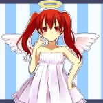  1girl :o angel angel_wings bangs dress finger_to_cheek halo hand_on_hip kyoubashi_amane long_hair pxchop red_eyes redhead school_girl_strikers solo strapless_dress twintails white_dress wings 