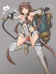  1girl bare_shoulders breasts brown_eyes brown_hair cleavage elbow_gloves gloves grey_legwear holding long_hair original pipe shijima_(tanfn) simple_background smoke solo standing_on_one_leg thigh-highs 