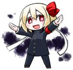  1girl armband blonde_hair bow crossdressinging fang gakuran hair_bow hair_ribbon headband kugelschreiber ouendan outstretched_arms pants red_eyes ribbon rumia school_uniform short_hair solo touhou 