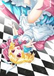  1girl alice_(wonderland)_(cosplay) alice_in_wonderland alternate_costume animal_ears apron aya-on_(miria00) blonde_hair cape checkered checkered_floor cosplay dress fake_animal_ears highres open_mouth rabbit_ears red_eyes rumia short_hair smile solo touhou waist_apron 