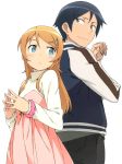  1boy 1girl :&lt; back-to-back can&#039;t_be_this_cute casual dress hair_ornament hairclip highres kousaka_kirino kousaka_kyousuke letterman_jacket ore_no_imouto_ga_konna_ni_kawaii_wake_ga_nai scrunchie steepled_fingers turtleneck wrist_scrunchie 