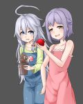  2girls :3 ahoge apple blue_eyes blush braid brown_eyes dress flower_pot food fruit grey_background highres hoshi_shouko idolmaster idolmaster_cinderella_girls koshimizu_sachiko long_hair multiple_girls mushroom open_mouth overalls pink_dress plant sharp_teeth shirt short_hair silver_hair simple_background sleeveless sleeveless_dress smile smirk sundress very_long_hair 