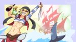  1girl alcohol bandana belt blonde_hair breasts cutlass_(sword) female figgot gills grin mako_(monster_musume) mermaid monster_girl monster_musume_no_iru_nichijou navel parody pirate pirate_ship red_eyes rum scar shark_race_(monster_musume) sharp_teeth shirt short_hair signature smile solo stitches striped striped_shirt stuffed_animal stuffed_bird stuffed_toy sword the_pirate_bay underboob vest weapon 