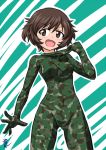  &gt;:d 1girl :d akiyama_yukari alternate_costume aozame_takao bangs black_eyes black_hair blush bodysuit camouflage collar_tug covered_navel cowboy_shot girls_und_panzer gloves legs_apart open_mouth outline short_hair signature small_breasts smile solo standing zentai 