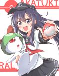  1girl :d akatsuki_(kantai_collection) anchor_symbol black_hair black_skirt flat_cap hat holding holding_poke_ball kantai_collection long_hair long_sleeves moninora_(moninora83) open_mouth pleated_skirt poke_ball pokemon pokemon_(creature) ralts school_uniform serafuku skirt smile twitter_username 