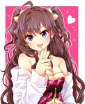  1girl :3 :d bare_shoulders blue_eyes breasts brown_hair cleavage earrings finger_to_mouth ichinose_shiki idolmaster idolmaster_cinderella_girls jewelry off_shoulder open_mouth restaint smile solo two_side_up upper_body 