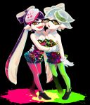  +_+ 2girls aori_(splatoon) black_background black_hair breast_press brown_eyes commentary detached_collar dress earrings fangs food food_on_head gloves hotaru_(splatoon) hug jewelry leaning_on_person long_hair looking_at_viewer mask mole mole_under_eye multiple_girls neon_trim object_on_head open_mouth paint_splatter pantyhose pointy_ears shoes short_dress short_hair short_jumpsuit smile splatoon strapless strapless_dress symmetrical_docking tentacle_hair white_gloves yoroko 