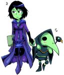  1boy 1girl black_hair blush book cape gloves green_eyes green_skin height_difference holding_hands mona_(shovel_knight) nervous plague_doctor plague_doctor_mask plague_knight setz shovel_knight wand 