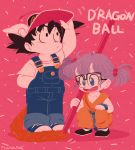  1boy 1girl artist_name black_eyes black_hair blue_eyes cosplay costume_switch dougi dr._slump dragon_ball glasses hair_bobbles hair_ornament hat lavender_hair monkey_tail nonana_(mikudrop) norimaki_arale norimaki_arale_(cosplay) overalls power_pole signature son_gokuu son_gokuu_(cosplay) squatting staff twintails 