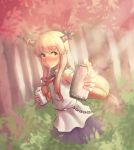  1girl belt blush chain dutch_angle full-face_blush horn_ribbon horns ibuki_suika layered_dress long_hair looking_at_viewer low-tied_long_hair mascot_(4chan) nature orange_eyes orange_hair pointy_ears ribbon sleeveless smile solo sunlight touhou tree 