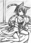  1girl animal_ears blush breasts cat_ears cat_tail highres looking_at_viewer monochrome multiple_tails nekomata playjoe2005 shikihime_zoushi smile solo tail 