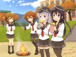  4girls :d akatsuki_(kantai_collection) anchor_symbol autumn_leaves badge black_hair black_legwear black_skirt brown_hair campfire commentary_request eating eijima_moko fang flat_cap folded_ponytail food food_on_face hair_ornament hairclip hat hibiki_(kantai_collection) ikazuchi_(kantai_collection) inazuma_(kantai_collection) kantai_collection kneehighs leaf long_hair long_sleeves multiple_girls neckerchief open_mouth outdoors pleated_skirt ponytail school_uniform serafuku short_hair silver_hair skirt smile sweet_potato thigh-highs tongs 