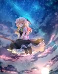  1girl apron black_dress blonde_hair braid broom broom_riding clouds dress full_moon hat kirisame_marisa moon nagare night single_braid sky solo star_(sky) starry_sky touhou waist_apron witch_hat yellow_eyes 