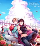  2boys akiae_(hayj14) alcohol back-to-back blonde_hair blue_eyes blue_sky boots brown_boots brown_hair caesar_anthonio_zeppeli cake chocolate chocolate_heart clouds crop_top cup drinking_glass fingerless_gloves flower food food_on_face fruit gate gloves green_eyes headband heart holding holding_flower jojo_no_kimyou_na_bouken joseph_joestar_(young) knee_pads macaron midriff multiple_boys open_mouth rose scarf sky smile strawberry tongue tongue_out wine wine_bottle wine_glass winged_hair_ornament 