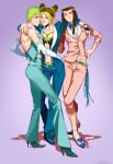  3girls aqua_hair avicy bead_bracelet black_hair blonde_hair breasts cleavage double_bun elbow_gloves foo_fighters full_body gloves green_eyes green_hair groin hairlocs hermes_costello high_heels jacket jojo_no_kimyou_na_bouken kuujou_jolyne multicolored_hair multiple_girls navel no_bra red_eyes stiletto_heels two-tone_hair white_gloves 