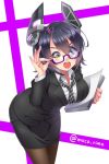  1girl black_legwear blush breasts eyepatch glasses headgear kantai_collection large_breasts moco_rima necktie office_lady open_mouth pantyhose purple_hair short_hair solo tenryuu_(kantai_collection) yellow_eyes 