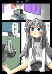  1girl bad_feet blue_eyes bow cable chair check_translation computer computer_keyboard computer_mouse desk flat_chest flat_gaze food gaoo_(frpjx283) hair_bow highres minigirl office_chair onigiri original poster side_ponytail table tablet-tan translation_request white_hair window 