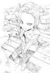  1girl android_18 bench boots crosshatching debris dragon_ball dragon_ball_z eyeliner foreshortening from_above full_body graphite_(medium) hatching_(texture) inuno_pesu makeup sitting solo traditional_media vest 
