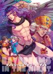  5boys abs black_hair blue_eyes caesar_anthonio_zeppeli chocoblood closed_eyes cover cover_page crop_top doujin_cover earrings esidisi green_eyes headband headdress horn jewelry jojo_no_kimyou_na_bouken joseph_joestar_(young) kars_(jojo) loincloth multiple_boys muscle necklace_removed purple_hair red_stone_of_aja scarf tank_top wamuu white_hair winged_hair_ornament wings 