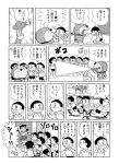  1girl 6+boys comic doraemon doraemon_(character) fujiko_f_fujio_(style) highres minamoto_shizuka monochrome multiple_boys multiple_persona nobi_nobita osomatsu-kun sheeeh! shirt translated 