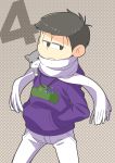  1boy :3 absurdres animal_on_shoulder artist_request black_hair cat cowboy_shot denim hands_in_pockets highres hoodie ichimatsu jeans jewelry looking_to_the_side male_focus messy_hair necklace osomatsu-kun osomatsu-san pants pendant polka_dot polka_dot_background scarf simple_background solo 