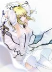  1girl armpits blonde_hair detached_sleeves dress fate_(series) gloves green_eyes kanameyura saber saber_lily skirt solo sword weapon 