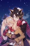  1boy 1girl :d animal_ears black-framed_glasses blonde_hair blush breath brown_hair closed_eyes coat couple ear_clip fang fox_ears glasses gloves gurico hair_ribbon highres hug hug_from_behind long_hair nail_polish night nose_blush open_clothes open_coat open_mouth outdoors plaid plaid_scarf retoree ribbon rimless_glasses scarf semi-rimless_glasses shared_scarf shirt short_hair_with_long_locks show_by_rock!! smile snow snowing tail twintails under-rim_glasses yaiba_(show_by_rock!!) 