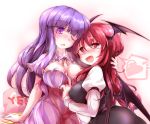  2girls blush breasts demon_girl demon_wings dress fangs fumitsuki_(minaduki_6) head_wings heart heart-shaped_pupils koakuma large_breasts long_hair multiple_girls one_eye_closed open_mouth patchouli_knowledge purple_dress purple_hair red_eyes redhead smile spoken_heart striped striped_dress symbol-shaped_pupils touhou very_long_hair violet_eyes wings yes-no_pillow yuri 