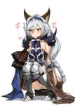  &gt;:t 1girl :t animal_ears armor armored_boots armored_dress bangs black_gloves blush boots braid breasts cat_ears cleavage dress fingerless_gloves gloves granblue_fantasy hair_between_eyes hairband heles high_heel_boots high_heels knees_together_feet_apart large_breasts long_hair looking_away looking_to_the_side neo-masterpeacer panties pantyshot pantyshot_(squatting) shoulder_pads silver_hair simple_background single_braid solo spikes squatting underwear vambraces very_long_hair white_background white_panties yellow_eyes 