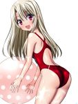  1girl ass ball beachball blush competition_swimsuit fate/kaleid_liner_prisma_illya fate_(series) illyasviel_von_einzbern long_hair looking_at_viewer one-piece_swimsuit open_mouth red_eyes sen_(sansui) solo swimsuit wet white_hair 