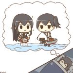  2girls akagi_(kantai_collection) bed_sheet brown_hair dreaming eating food hayasui_(kantai_collection) hayasui_(kantai_collection)_(cosplay) kaga_(kantai_collection) kantai_collection long_hair multiple_girls ocean onigiri pillow rexlent short_hair side_ponytail sleeping water 