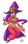  1girl adapted_costume bangle barefoot bigdead93 blue_eyes bracelet breasts choker cleavage dark_skin forehead_jewel full_body harem_pants hat highres index_finger_raised jewelry long_hair midriff navel pants pointy_ears ponytail puffy_short_sleeves puffy_sleeves purple_hair shantae shantae_(character) short_sleeves smile solo toes very_long_hair visor_cap witch_hat 