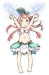  1girl arms_up bangs bare_arms bare_legs blush_stickers child commentary energy_ball full_body granblue_fantasy half-closed_eyes ham_(points) leaf leaf_on_head long_hair looking_up miniskirt navel orange_eyes pink_hair pointy_ears simple_background skirt solo standing strapless triangle_mouth white_background white_skirt yggdrasill_(granblue_fantasy) younger 