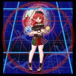  1girl bare_shoulders chain clothes_writing collar earth_(ornament) hat hecatia_lapislazuli long_hair lowres makoto-k moon_(ornament) open_mouth pixel_art red_eyes redhead sandals shirt skirt smile solo t-shirt touhou 
