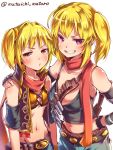  2girls artist_name black_gloves blonde_hair breasts character_request cleavage clenched_teeth fingerless_gloves gloves mataichi_matarou midriff multiple_girls navel ole_tower orange_eyes phillips_screwdriver_(ole_tower) pink_eyes scarf short_hair side_ponytail simple_background smile twitter_username white_background 