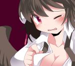 1girl blush breasts brown_hair cleavage commentary_request dress_shirt hammer_(sunset_beach) one_eye_closed open_mouth pink_eyes shameimaru_aya shirt short_hair solo tears touhou upper_body wings 