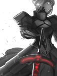  1girl amino_(tn7135) armor dark_excalibur fate/grand_order fate/stay_night fate_(series) greyscale mask mask_removed monochrome saber saber_alter solo sword weapon 