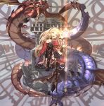  1girl :d absurdres black_legwear blonde_hair book boots cagliostro_(granblue_fantasy) crown dragon granblue_fantasy highres kumonji_aruto long_hair looking_at_viewer open_book open_mouth ouroboros_(granblue_fantasy) sharp_teeth sitting smile teeth violet_eyes 