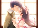  1boy 1girl artist_request backlighting black_hair character_request copyright_request hands_on_another&#039;s_chest kiss long_hair long_sleeves maid_headdress profile puffy_sleeves short_sleeves window 