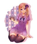  1girl arm_behind_back axis_powers_hetalia bow braid card clubs_(playing_card) collarbone dress eikura_(hanakura) glasses hair_bow heart holding holding_card light_brown_hair long_hair looking_at_viewer monaco_(hetalia) playing_card purple_bow purple_dress red-framed_glasses sailor_dress short_dress silhouette simple_background single_braid sitting smile solo spade thigh-highs tongue tongue_out violet_eyes wariza white_background zettai_ryouiki 