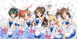  5girls :d abe_nana ahoge animal_ears arm_up armpits bare_shoulders bead_bracelet beads black_hair blonde_hair blush brown_eyes brown_hair cat_ears choker detached_sleeves dress fang futaba_anzu gloves green_eyes idolmaster idolmaster_cinderella_girls kohinata_miho long_hair looking_at_viewer low_twintails maekawa_miku mizuki_makoto multiple_girls open_mouth paw_pose pocket_watch ponytail rabbit_ears shimamura_uzuki short_hair side_ponytail smile strapless_dress tiara twintails v watch white_gloves 