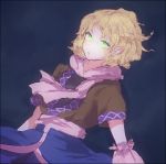  1girl arm_warmers blonde_hair blue_background braid dutch_angle green_eyes honi looking_at_viewer mizuhashi_parsee open_mouth pointy_ears sash scarf shirt short_hair short_sleeves simple_background skirt solo touhou vest 