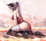  1girl aleeza_(granblue_fantasy) breasts from_side granblue_fantasy horns long_hair noconol panties pointy_ears ponytail red_eyes silver_hair sitting solo thigh-highs underwear wariza 