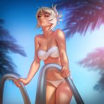  1girl bikini blue_sky breasts brown_eyes cleavage collarbone jonathan_hamilton league_of_legends looking_at_viewer navel palm_tree pool_ladder riven_(league_of_legends) sky swimsuit tree white_bikini white_hair white_swimsuit 