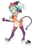  1girl 2015 ;d arm_strap ass black_gloves black_legwear blush demon_tail fang floating_hair full_body gloves grand_harem green_eyes green_hair hat index_finger_raised logo long_hair official_art one_eye_closed open_mouth orange_panties panties pointing pokachu sidelocks simple_background sleeveless smile solo staff tail thigh-highs twintails twisted_torso underwear wand white_background witch_hat 