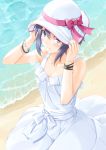  1girl beach black_hair blush bracelet dress hand_on_headwear hat idolmaster jewelry kikuchi_makoto miri_(ago550421) short_hair solo sun_hat sundress white_dress 