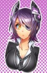  1girl blush breasts cleavage collarbone eyepatch headgear kantai_collection large_breasts looking_at_viewer moco_rima necktie purple_hair school_uniform short_hair solo tenryuu_(kantai_collection) upper_body yellow_eyes 
