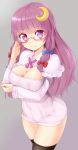  1girl alternate_costume bespectacled black_legwear blush breasts capelet cleavage crescent_hair_ornament glasses hair_ornament hair_ribbon highres large_breasts long_hair long_sleeves looking_at_viewer naked_sweater patchouli_knowledge purple_hair red-framed_glasses ribbed_sweater ribbon shiron_(e1na1e2lu2ne3ru3) solo sweater thigh-highs touhou tress_ribbon very_long_hair violet_eyes zettai_ryouiki 